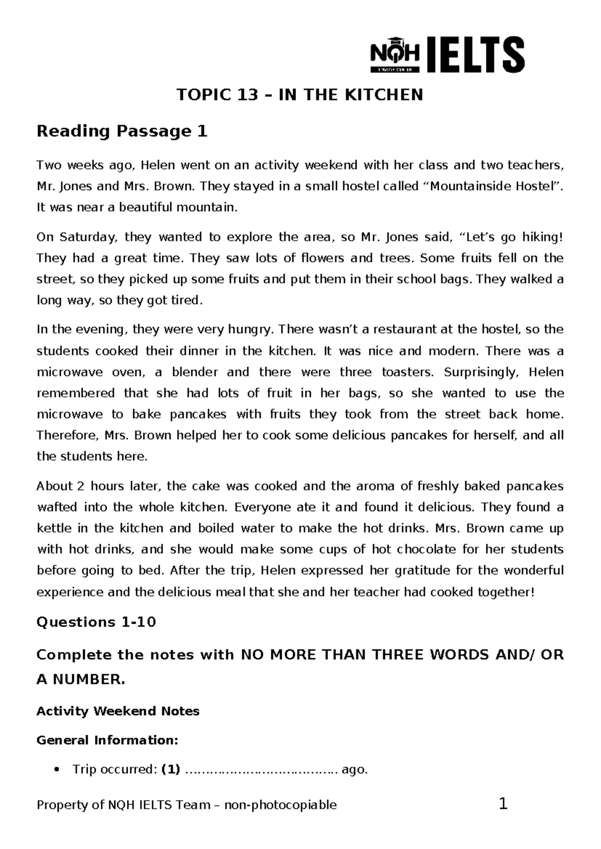 Topic 13 - In the Kitchen: Reading Passage Notes - Studocu