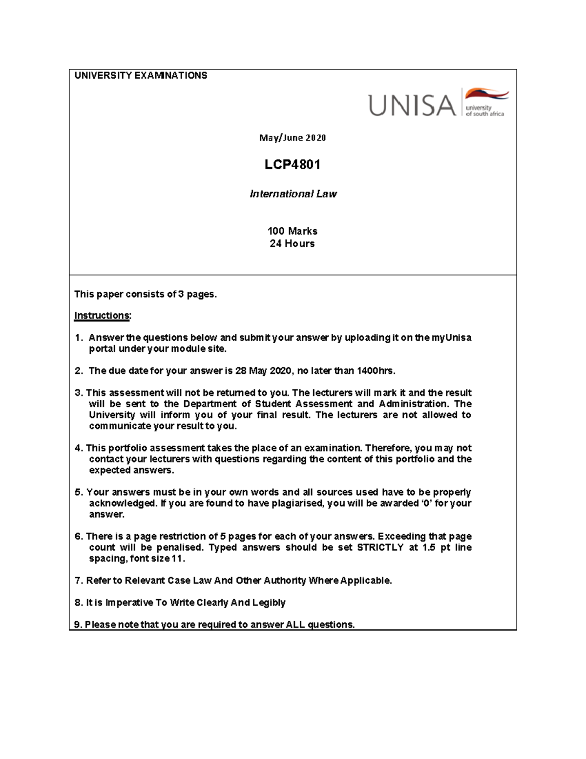 Final Exam Questions for LCP4801 - International Law - June 2020 - Studocu