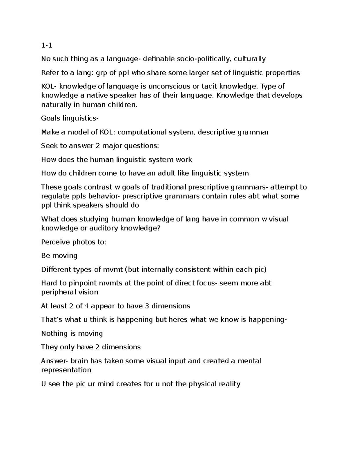 Linguistics 200: Test 1 Study Notes on Language Perception and ...