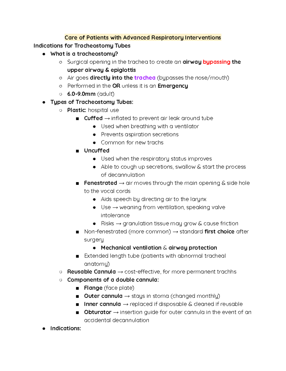 Midterm Study Notes - Care of Advanced Respiratory Interventions (Resp ...