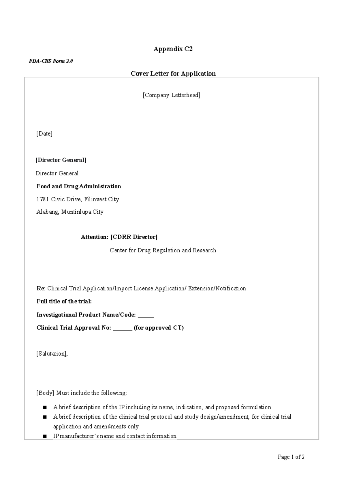 Appendix C2: Cover Letter Template for Clinical Trial Applications ...