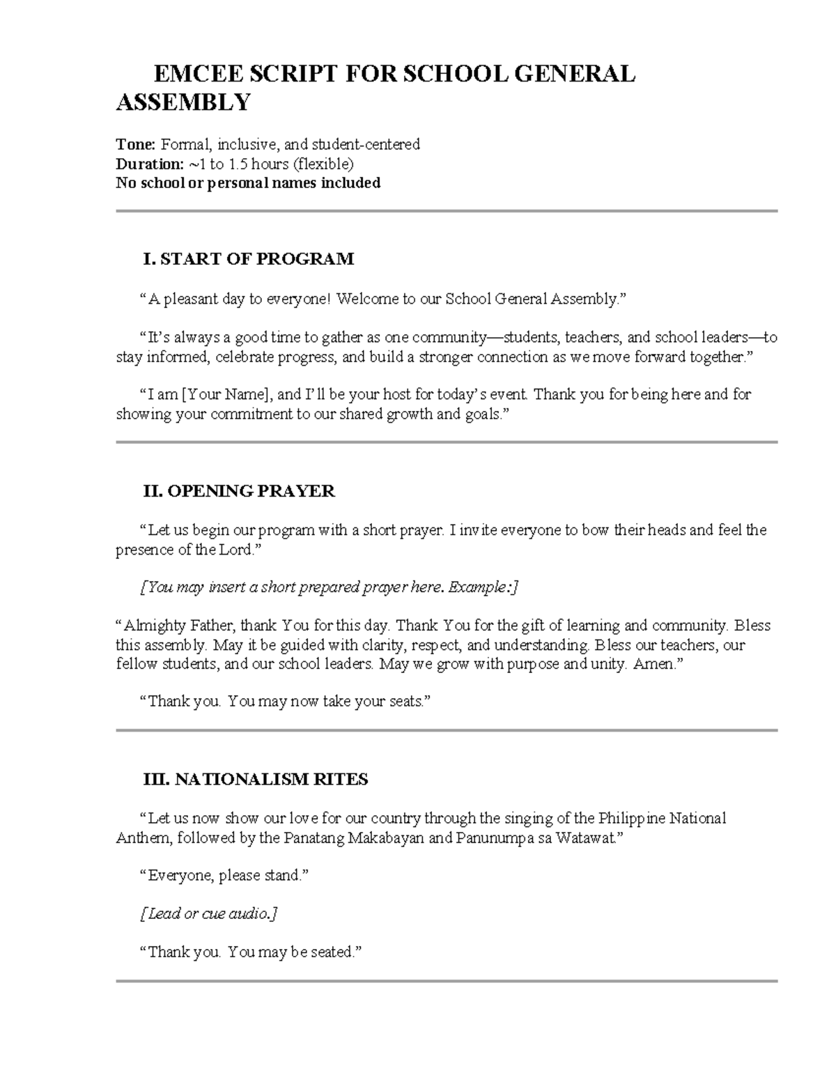 EMCEE SCRIPT FOR SCHOOL GENERAL ASSEMBLY (1.5 hrs) - Studocu