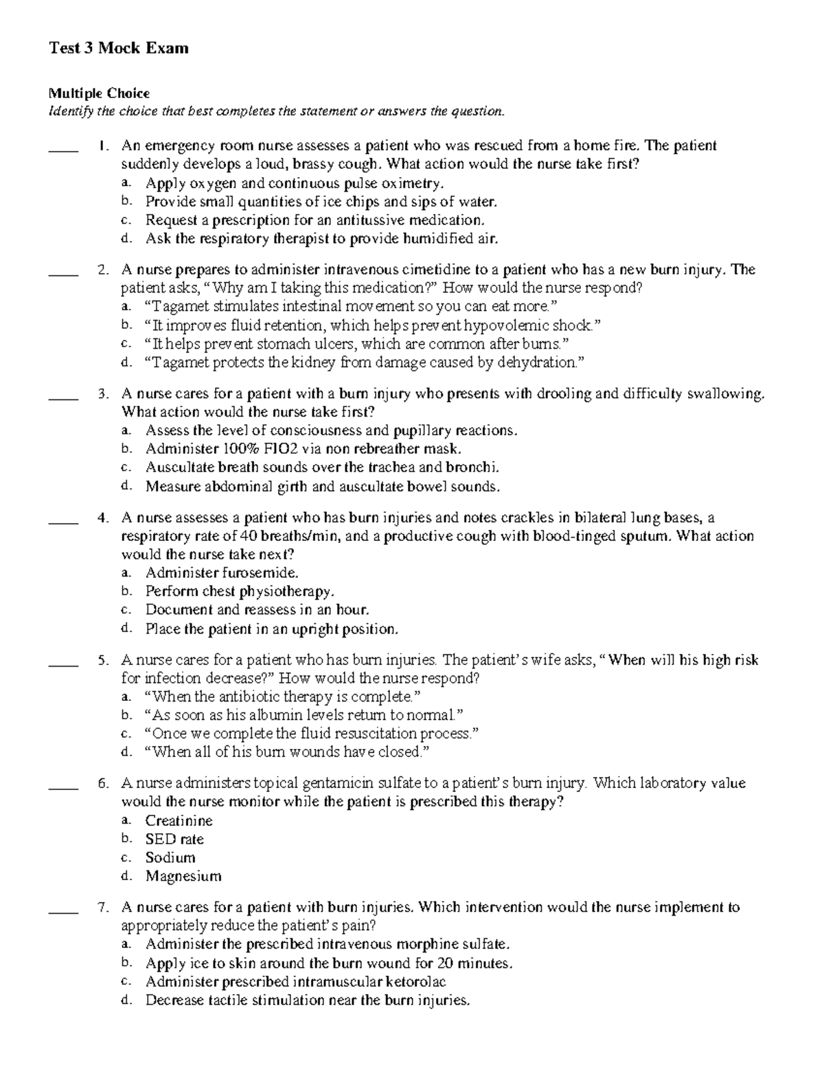 Mock Exam 3: Practice Exam Questions for Nursing 8 30 21 1 - Studocu
