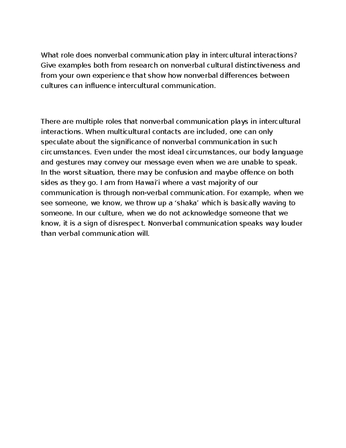 Intercultural Interactions: The Role of Nonverbal Communication DQ1 ...