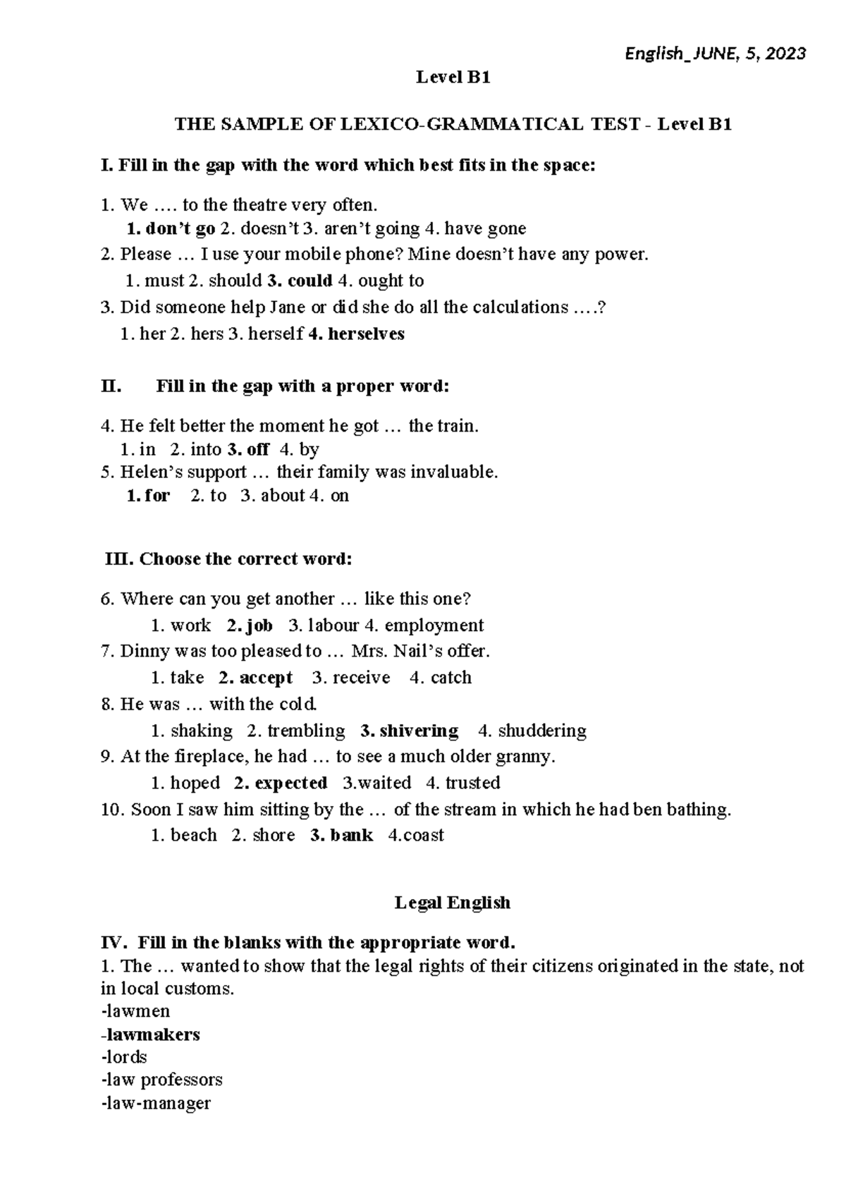 Level B1 English Exam Sample - June 5, 2023 - Studocu