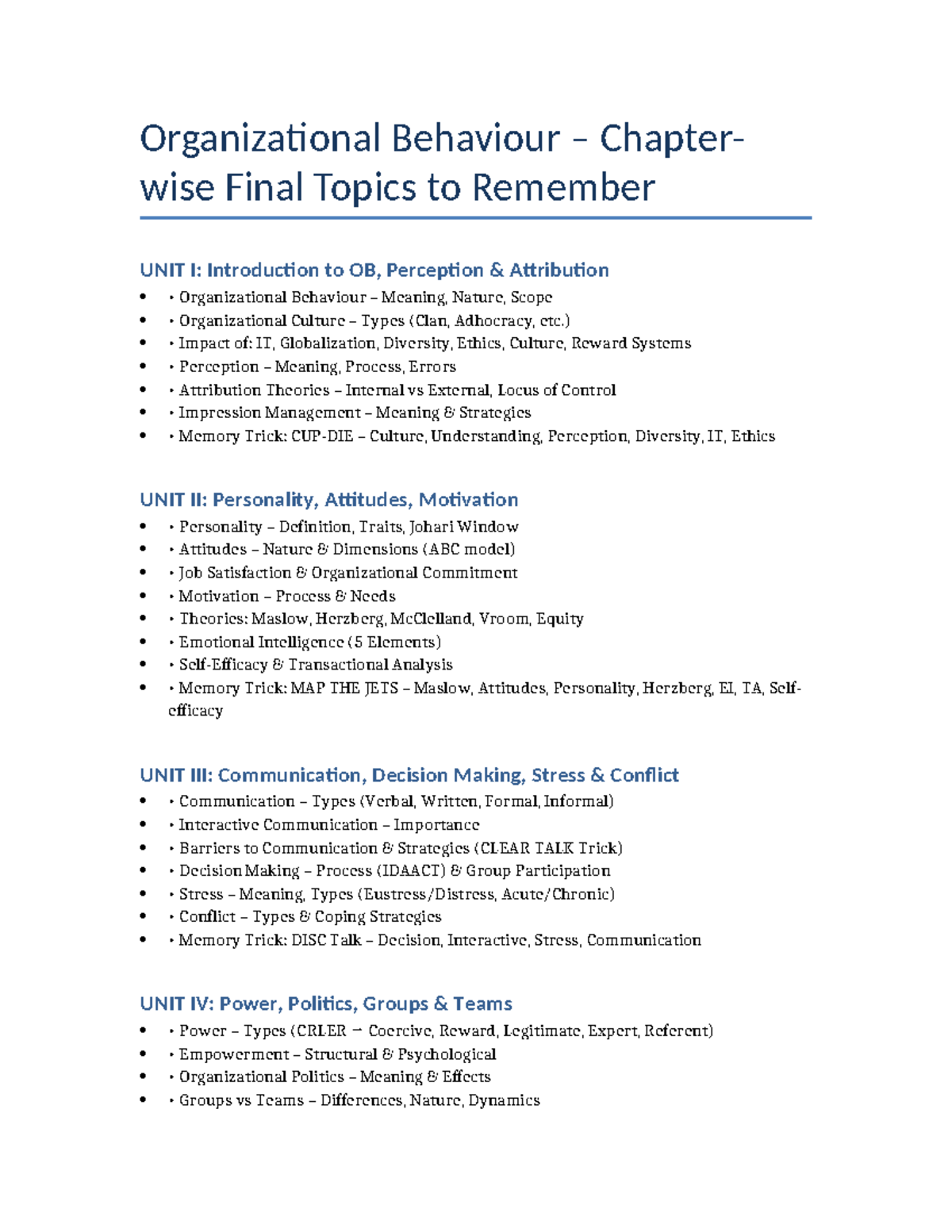 OB Final Exam Revision: Key Topics by Chapter - Studocu