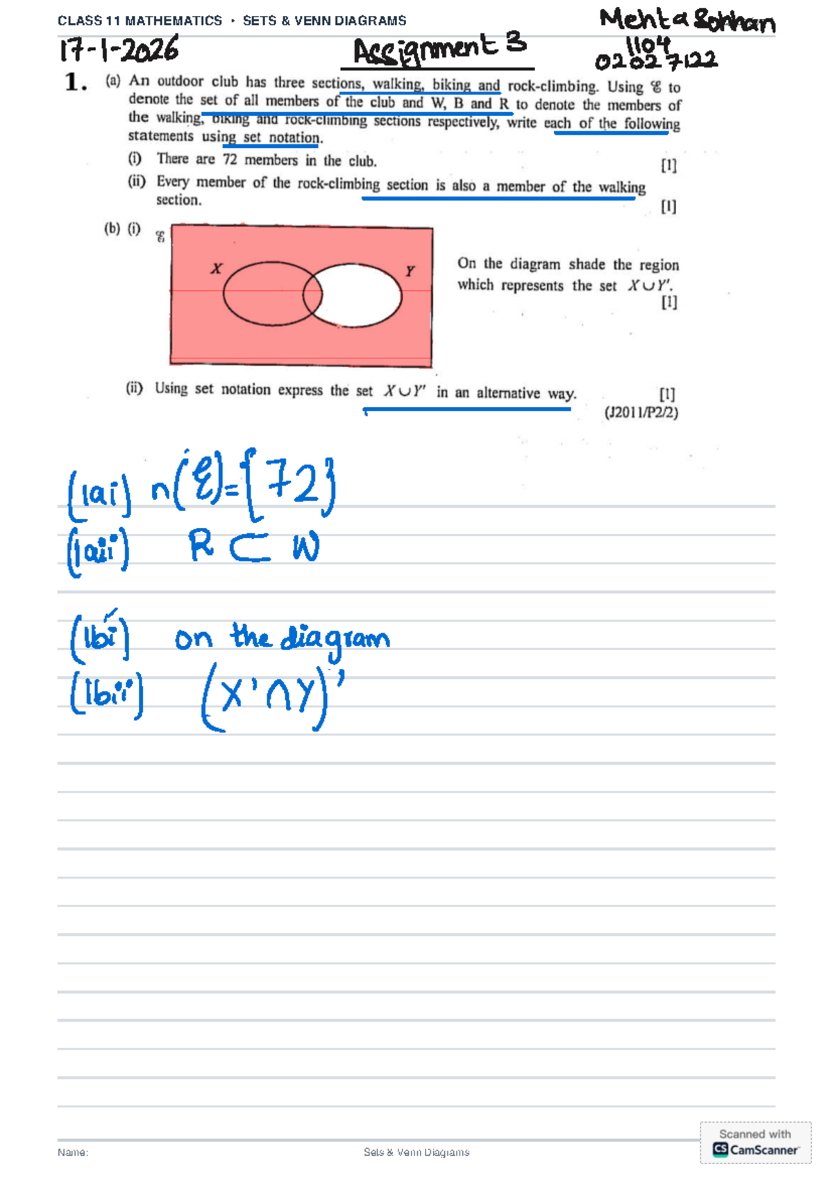 CLASS 11 MATHEMATICS • FINAL ASSIGNMENT ON SETS & VENN DIAGRAMS - Studocu