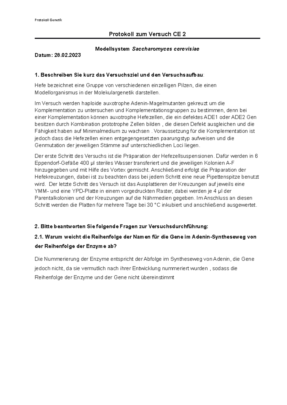 Protokoll Genetik CE 2: Hefe-Komplementation und C. elegans Vererbung ...