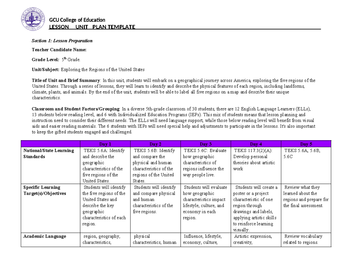 Week 7 unit-plan-template-5-day - Section 1: Lesson Preparation Teacher ...