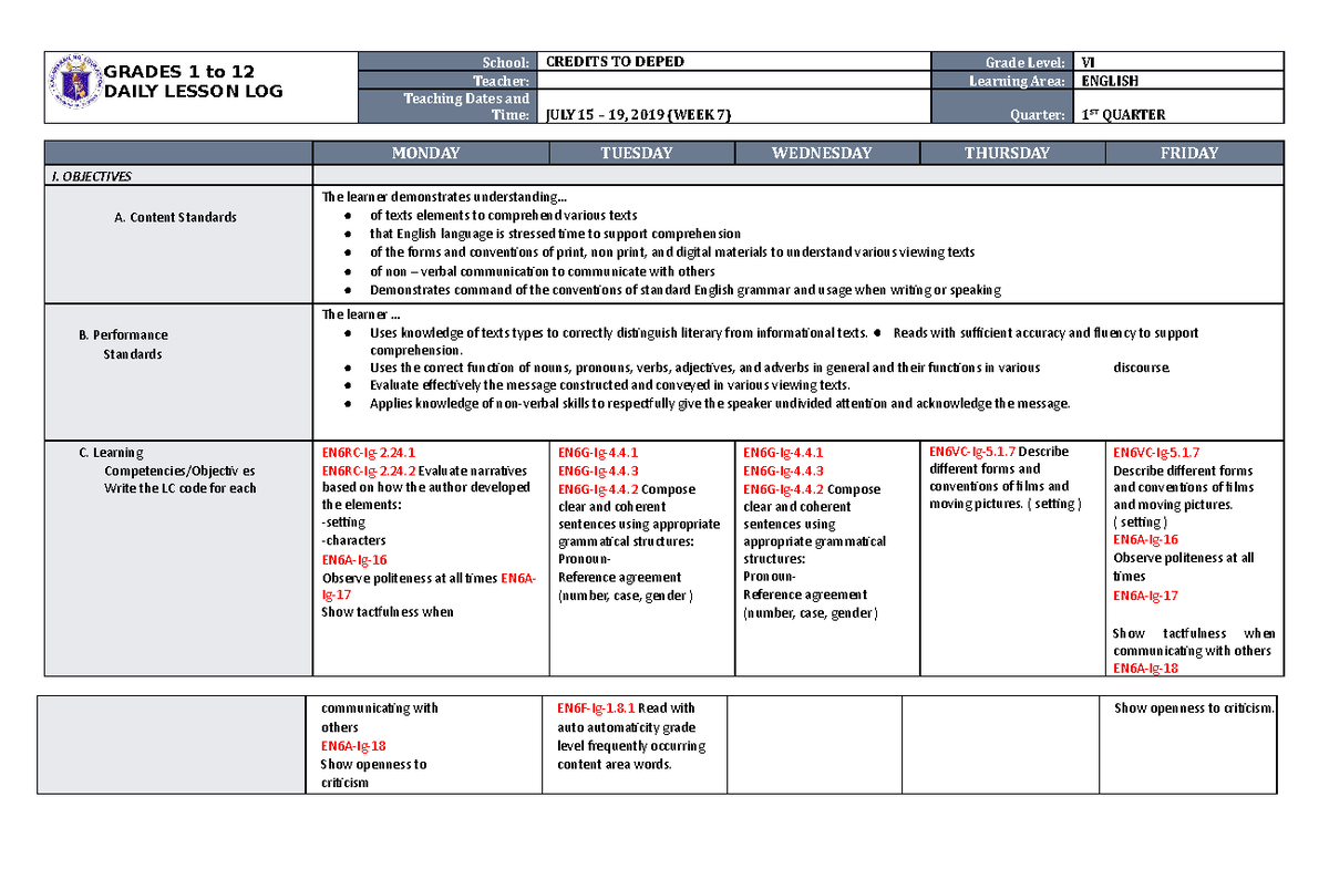DLL Quarter 1 Week 7 Lesson Plan for English 6 - Studocu