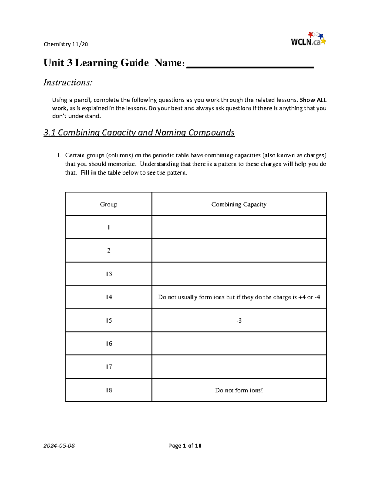Chemistry 11 Unit 3 Learning Guide: Combining Capacity & Naming ...