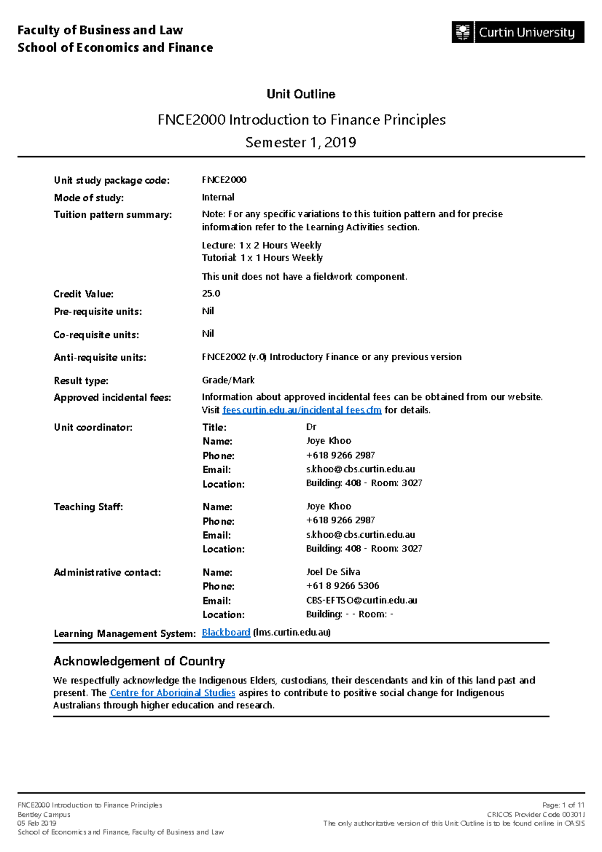FNCE2000 Introduction to Finance Principles Unit Outline - Semester 1 ...