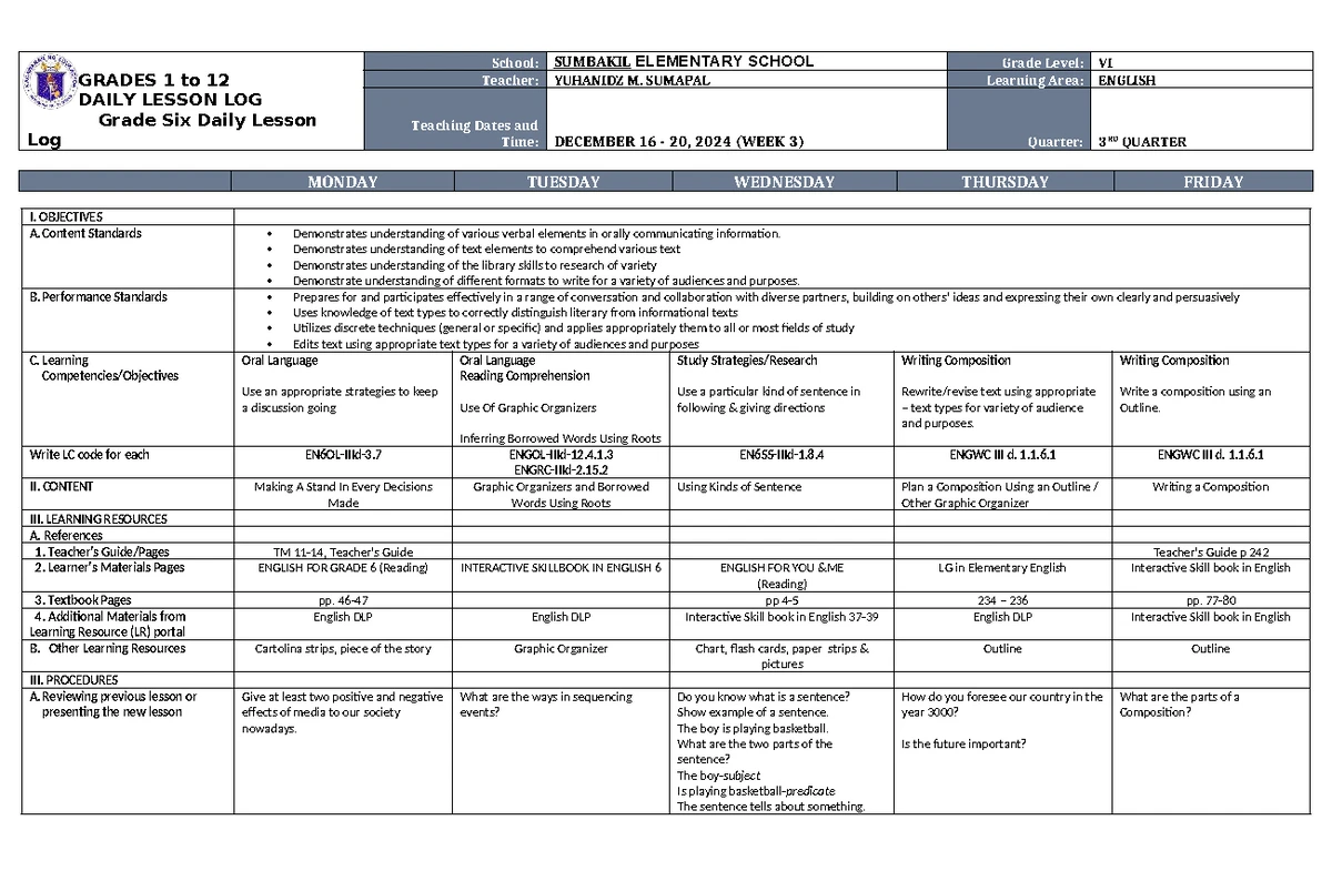 DLL English 6 Q3 W2: Daily Lesson Log for Grades 1-12 - Studocu