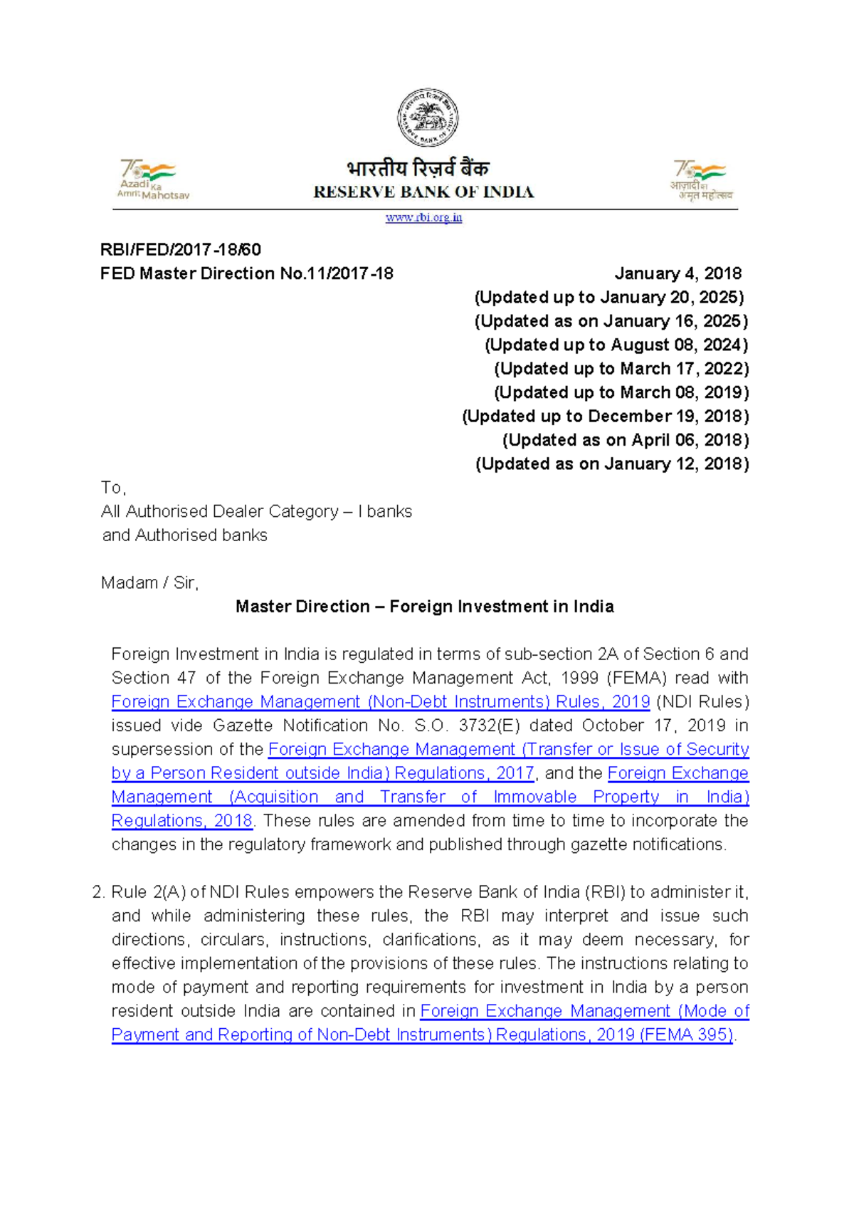 FDI Master Circular: Guidelines for Foreign Investment in India - Studocu