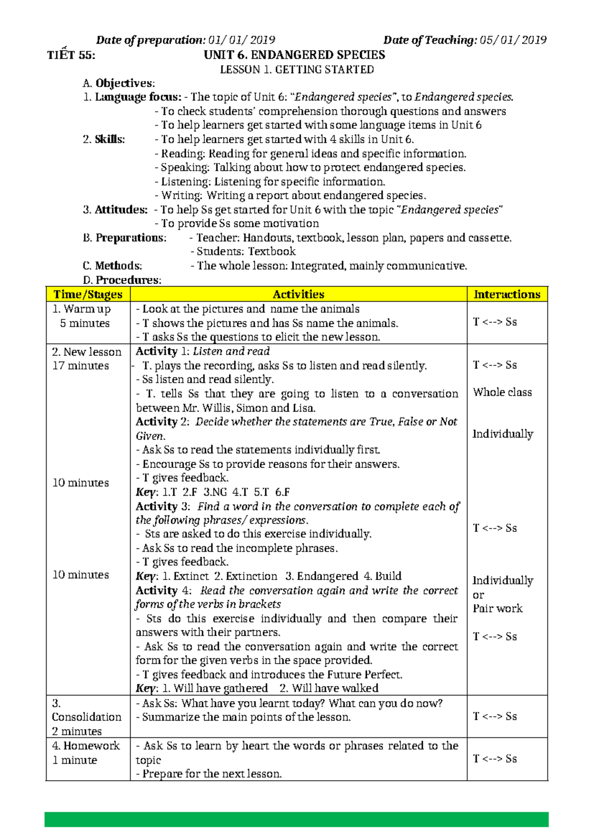 UNIT 6: ENDANGERED SPECIES - LESSON PLANS AND ACTIVITIES - Studocu