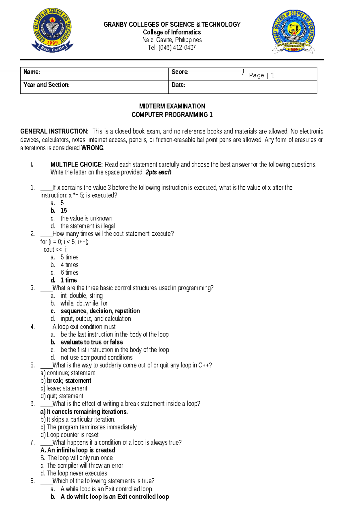 Final Copy Midterm Exam C++ - Page | 1 College of Informatics Naic ...