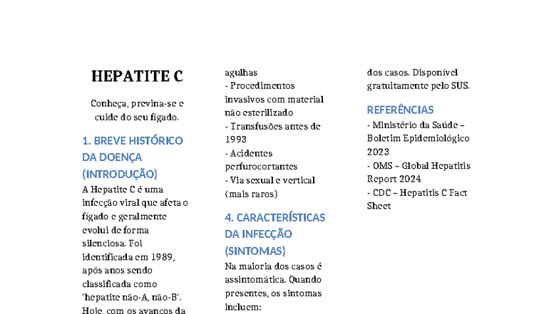 Folheto Informativo sobre Hepatite C: Cuidados e Prevenção - Studocu