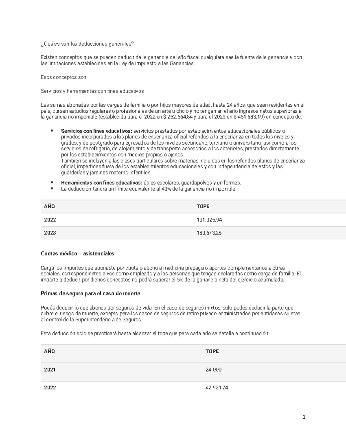 Deducciones Generales AFIP para el Impuesto a las Ganancias - Studocu