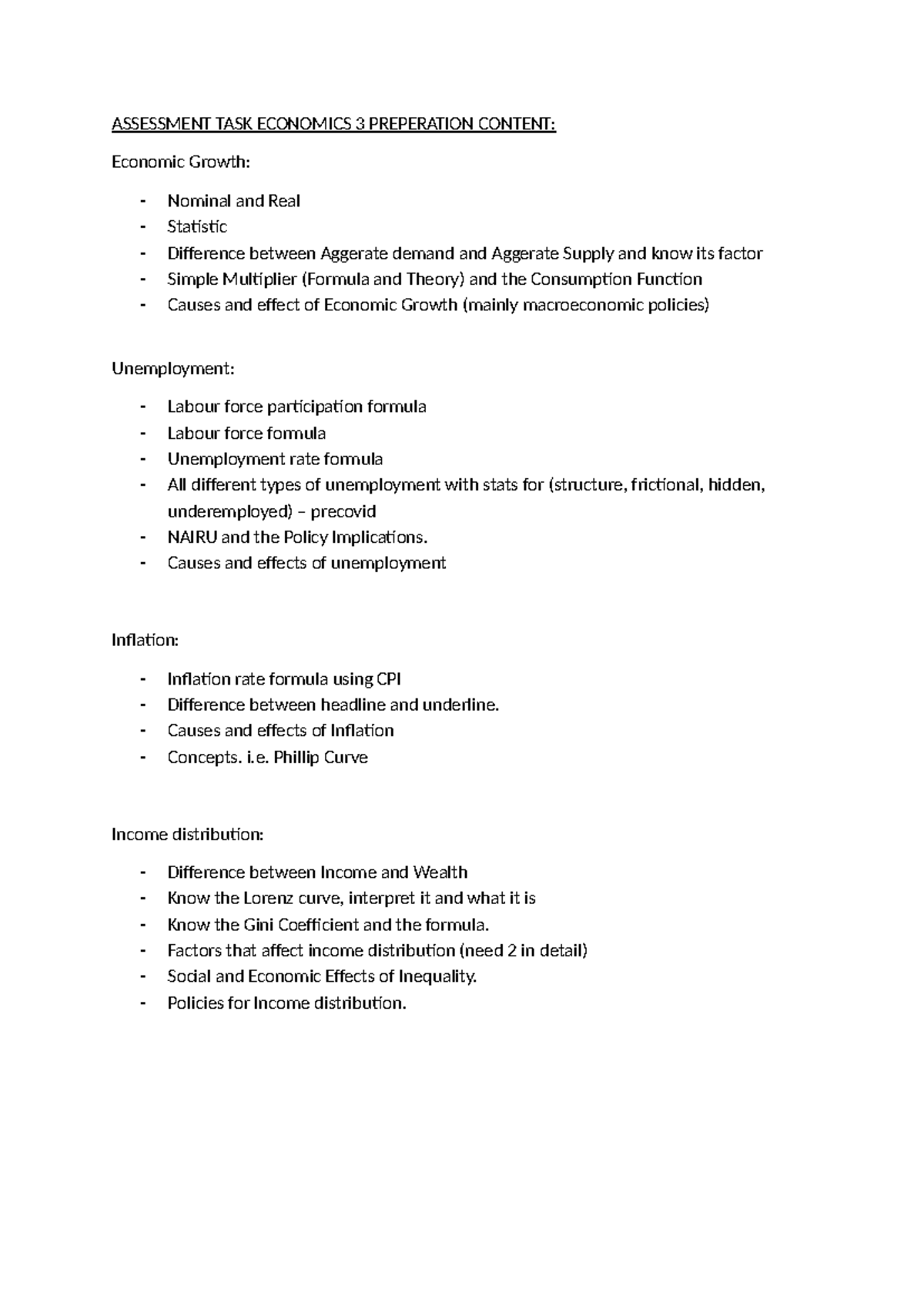 Assessment Task: Economics 3 Preparation Notes on Growth, Unemployment ...