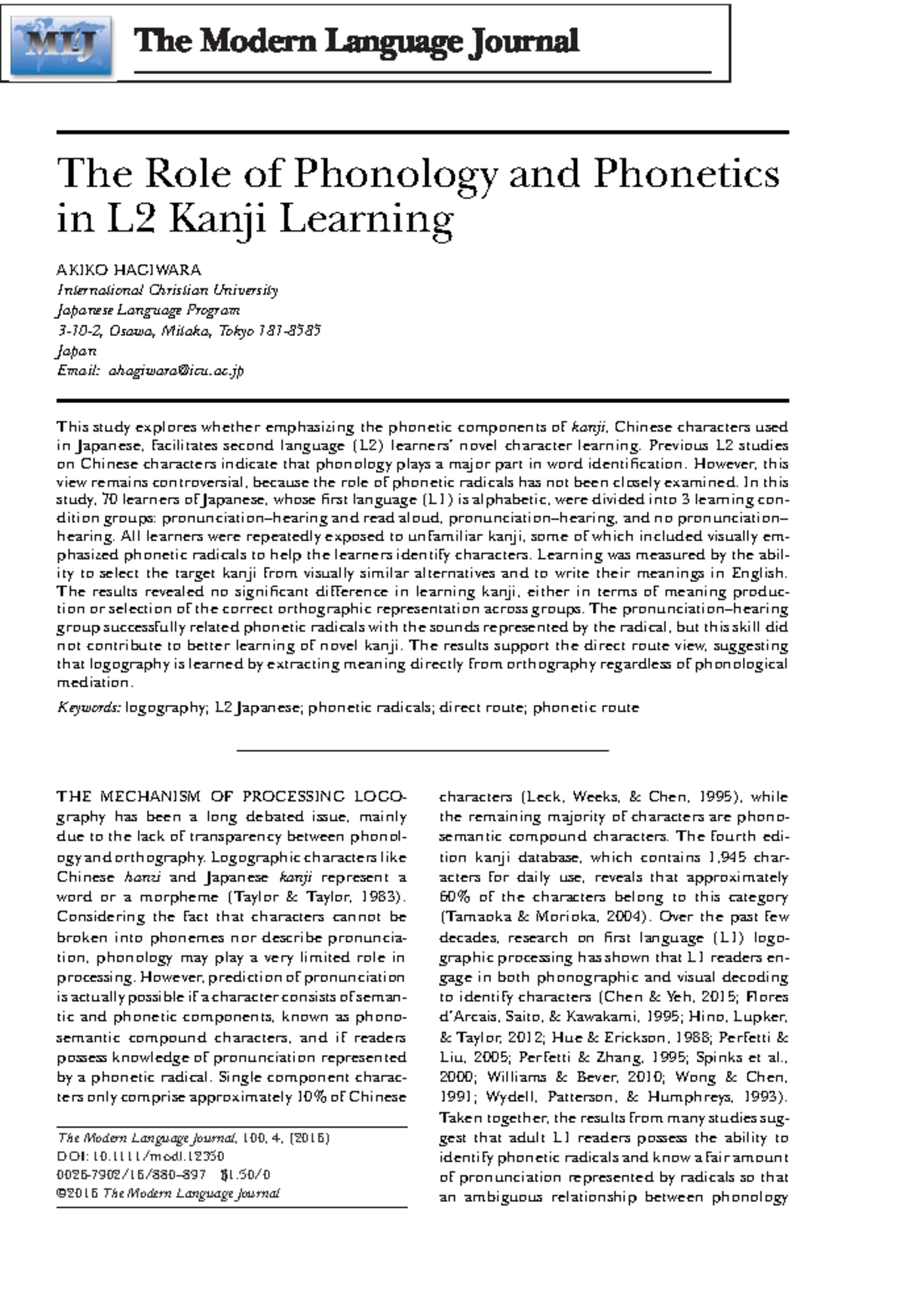 The Role of Phonology in L2 Kanji Learning: Insights from AKIKO ...