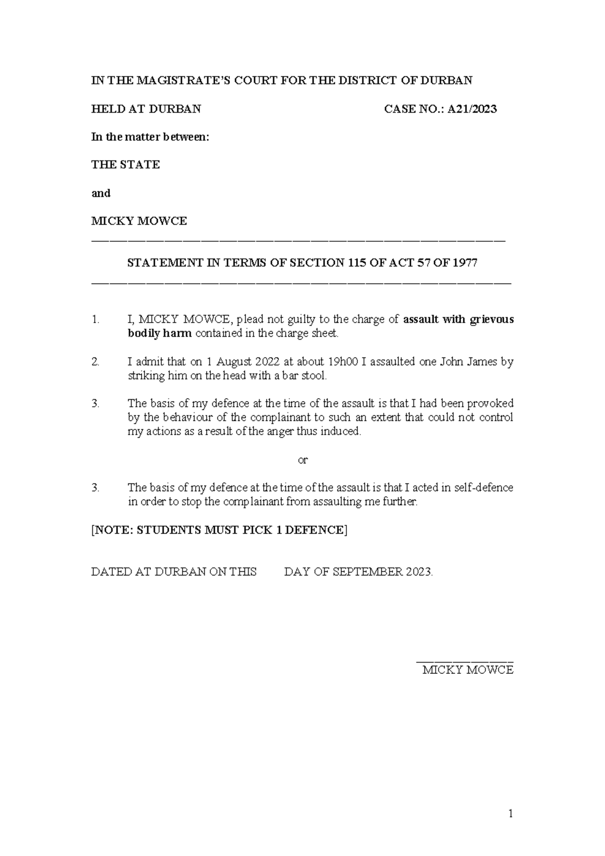 Case No. 115: Micky Mowce's Not Guilty Plea & Defence Statement - Studocu