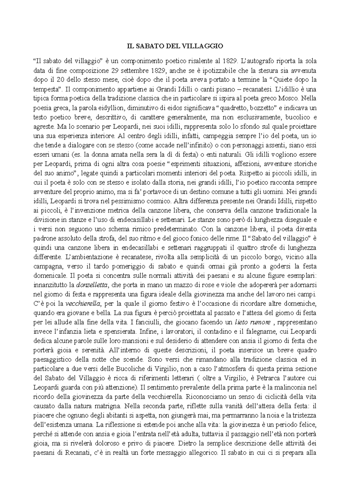 leopardi sabato del villaggio parafrasi