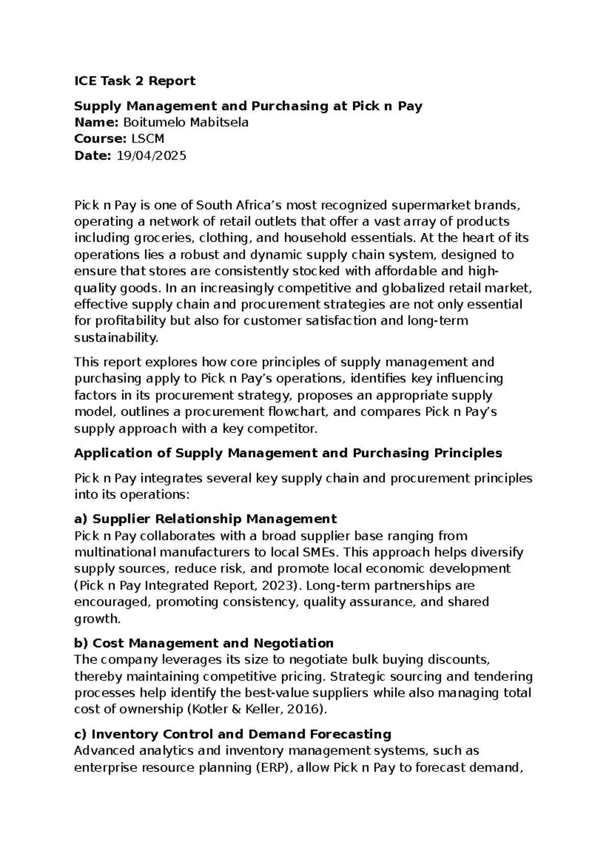 ICE Task 2 Report: Supply Management & Purchasing at Pick n Pay - Studocu