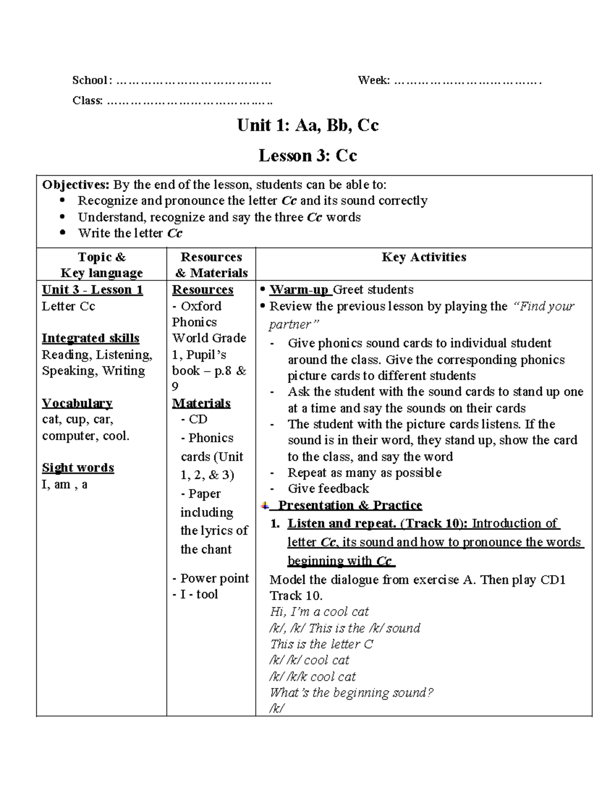 Pho1: Unit 1 Lesson 3 - Mastering the Letter Cc Objectives and ...