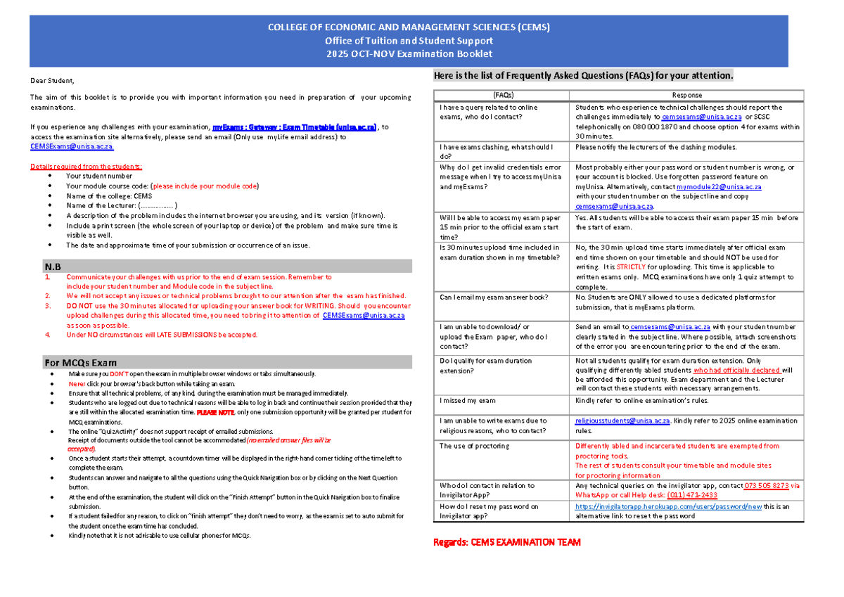 CEMS 2025 Online Examination Guidelines and Support Booklet - Studocu