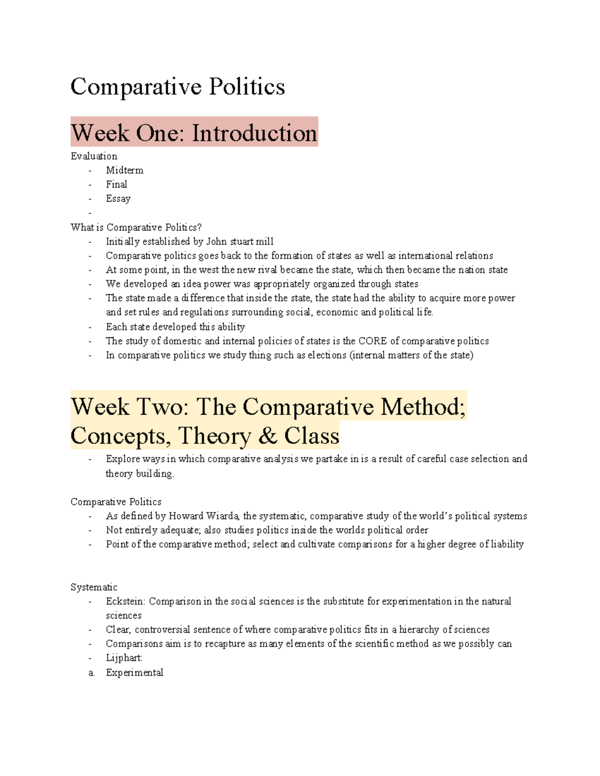 Comparative Politics Master Lecture Notes - Comparative Politics Week ...