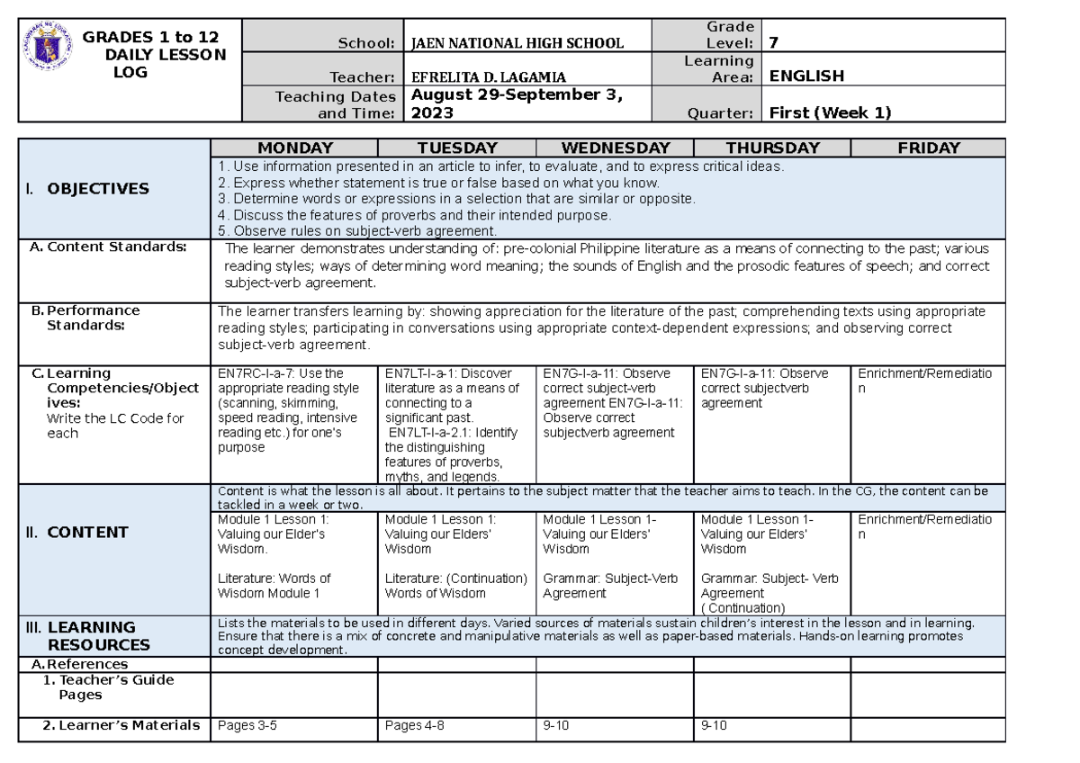DLL 7th Grade Daily Lesson Log: Week 1 (Aug 29 - Sep 3, 2023) - Studocu