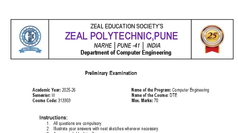 DTE 313303 Preliminary Exam QP Set-1 - Computer Engineering - Studocu