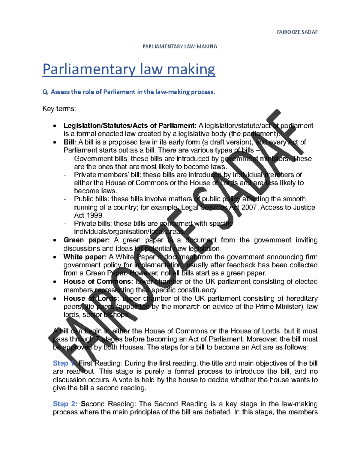 Parliamentary Law-Making: Role of Parliament in Legislation FS - Studocu