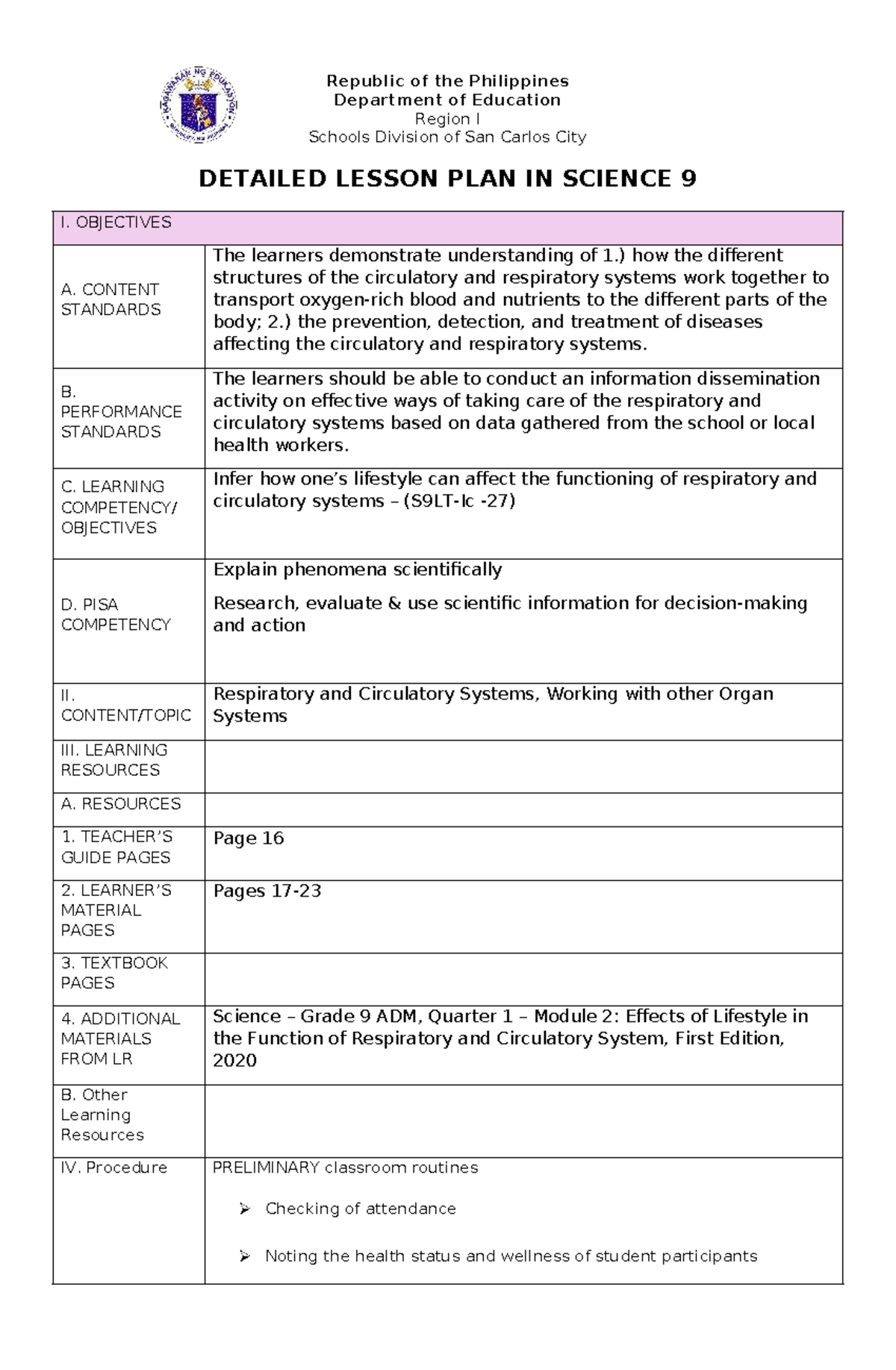 Detailed Lesson Plan in Science 9: Respiratory & Circulatory Systems ...