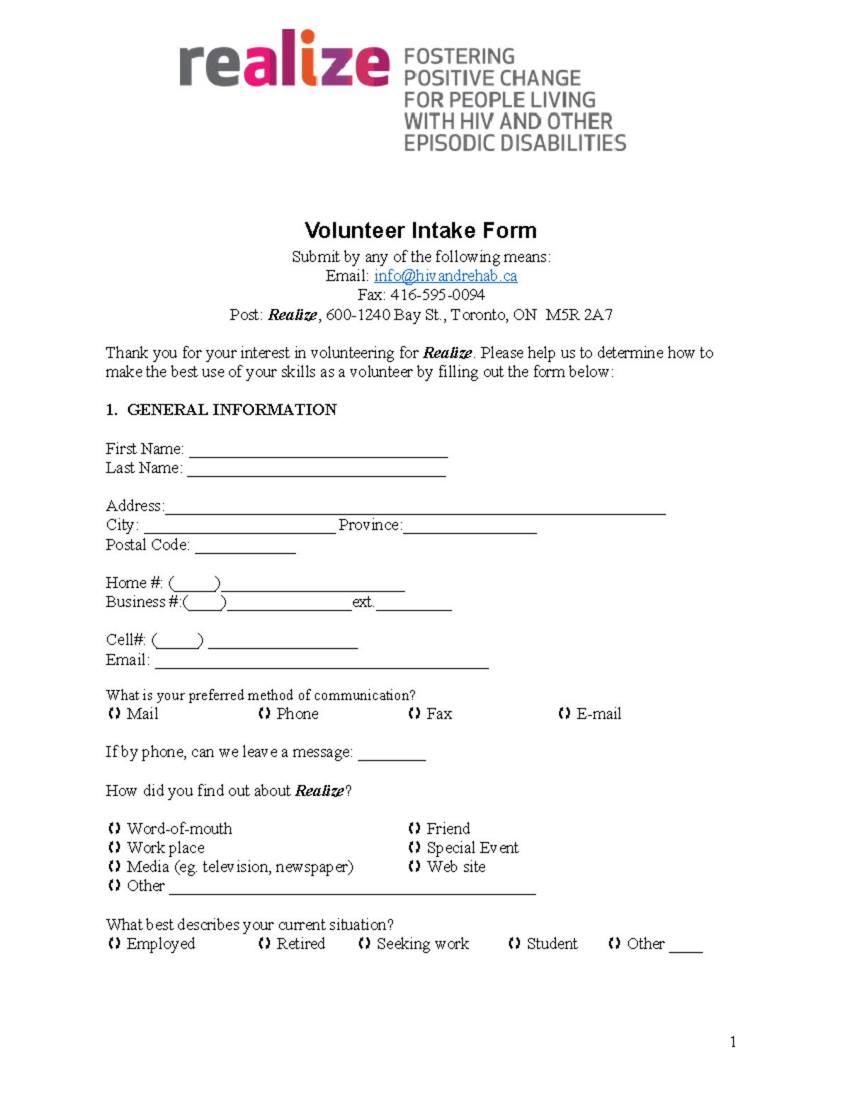 Volunteer Intake Form Realize - Volunteer Intake Form Submit by any of ...