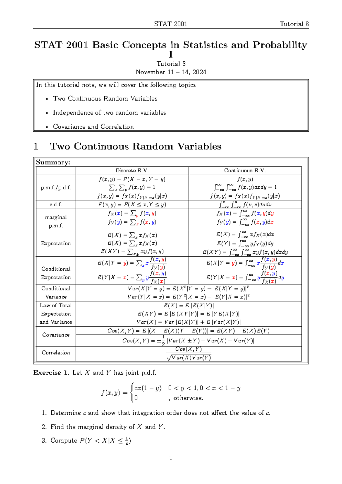 STAT 2001 Tutorial 8: Continuous Random Variables & Independence ...