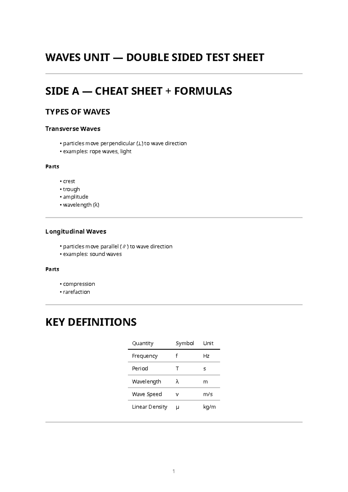 WAVES UNIT CHEAT SHEET & PRACTICE QUESTIONS (PHYS 101) - Studocu