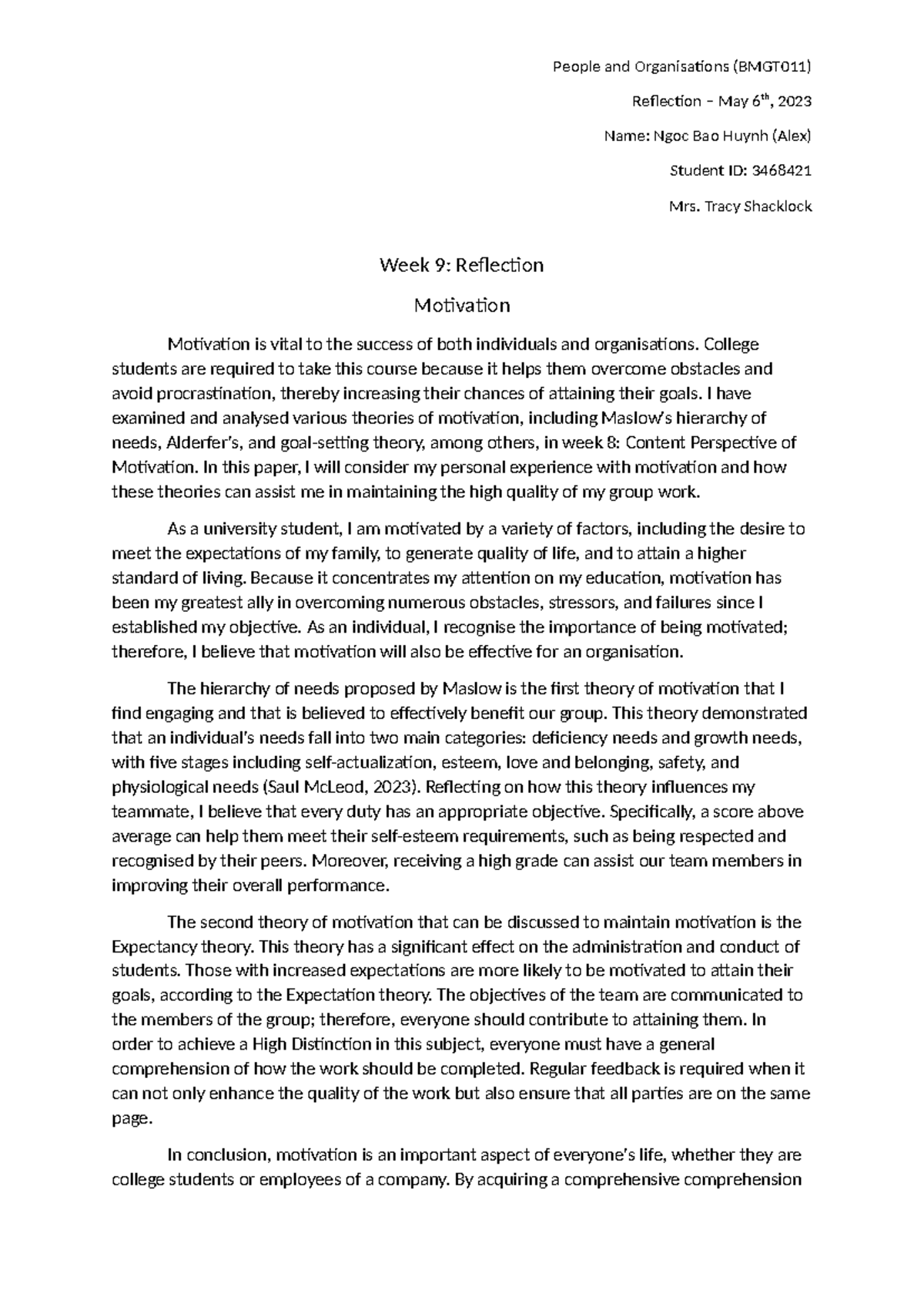 BMGT011 Week 9 Reflection on Motivation and Team Dynamics - Studocu