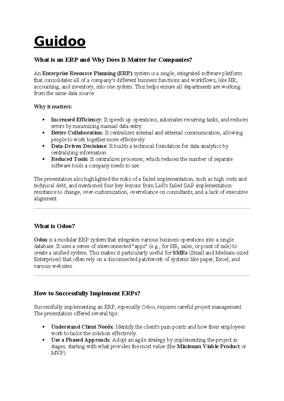 Guidoo - ERP Overview and Implementation Insights for Companies - Studocu