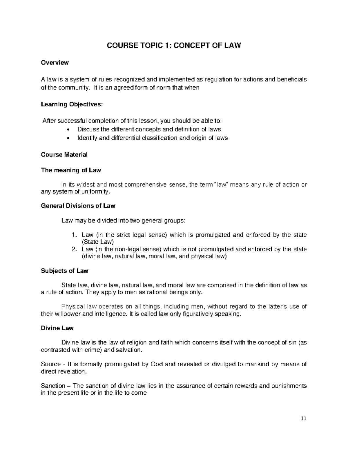 COURSE TOPIC 1: CONCEPT OF LAW Overview and Classifications - Studocu
