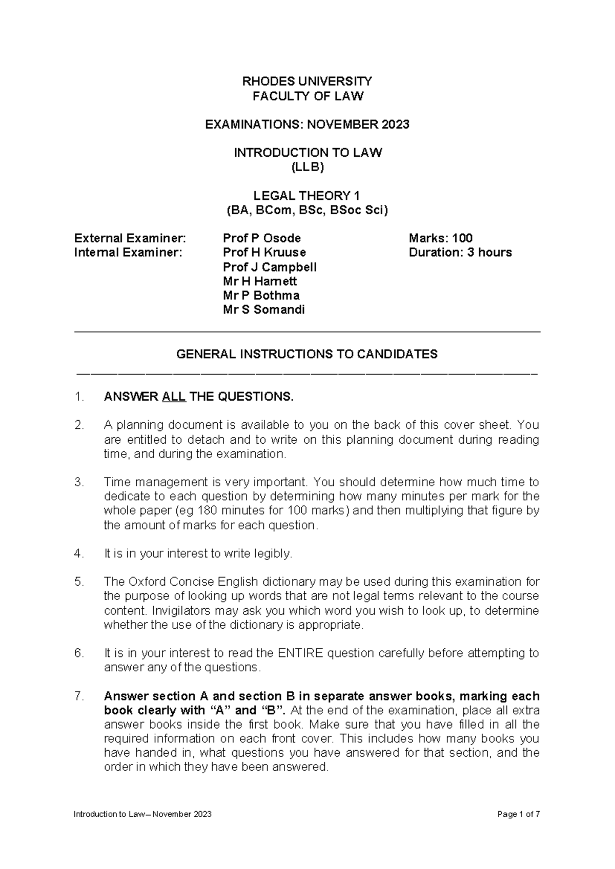 Introduction to Law LLB Nov 2023 Final Exam Instructions & Questions ...