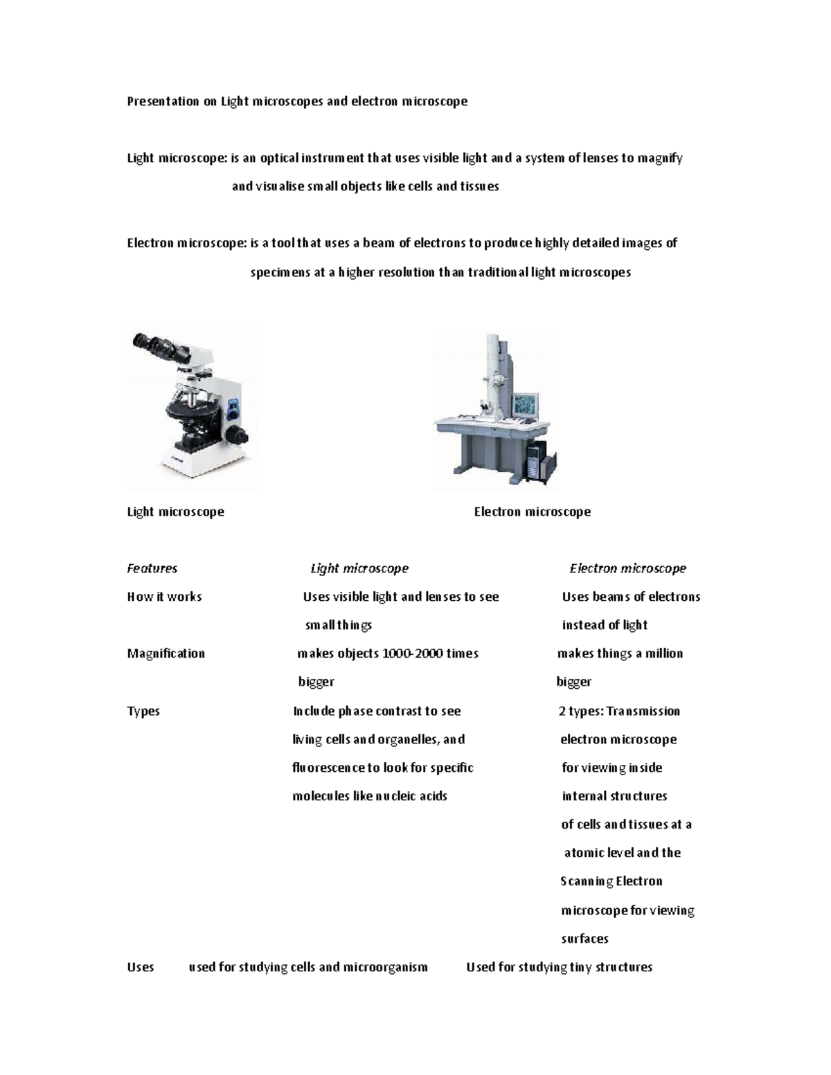 Presentation on Light and Electron Microscopes - Studocu