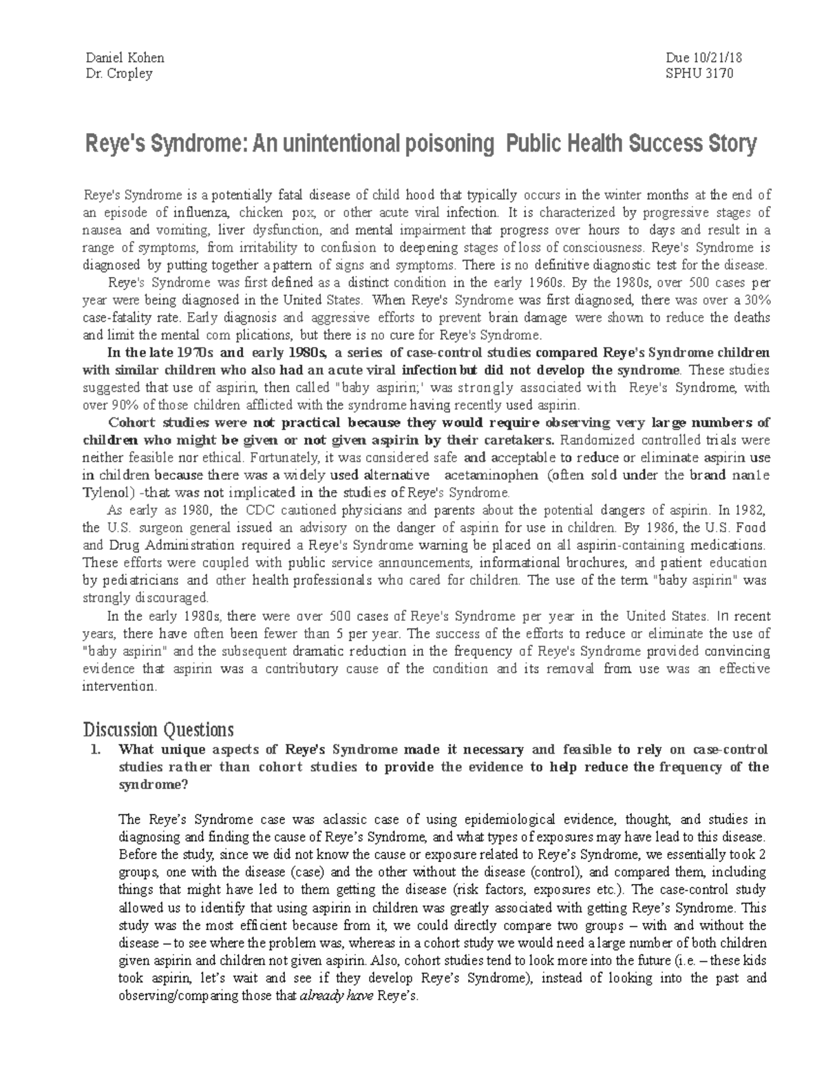 HW3 Case Study Reye's Syndrome - Daniel Kohen Due 10/21/ Dr. Cropley ...