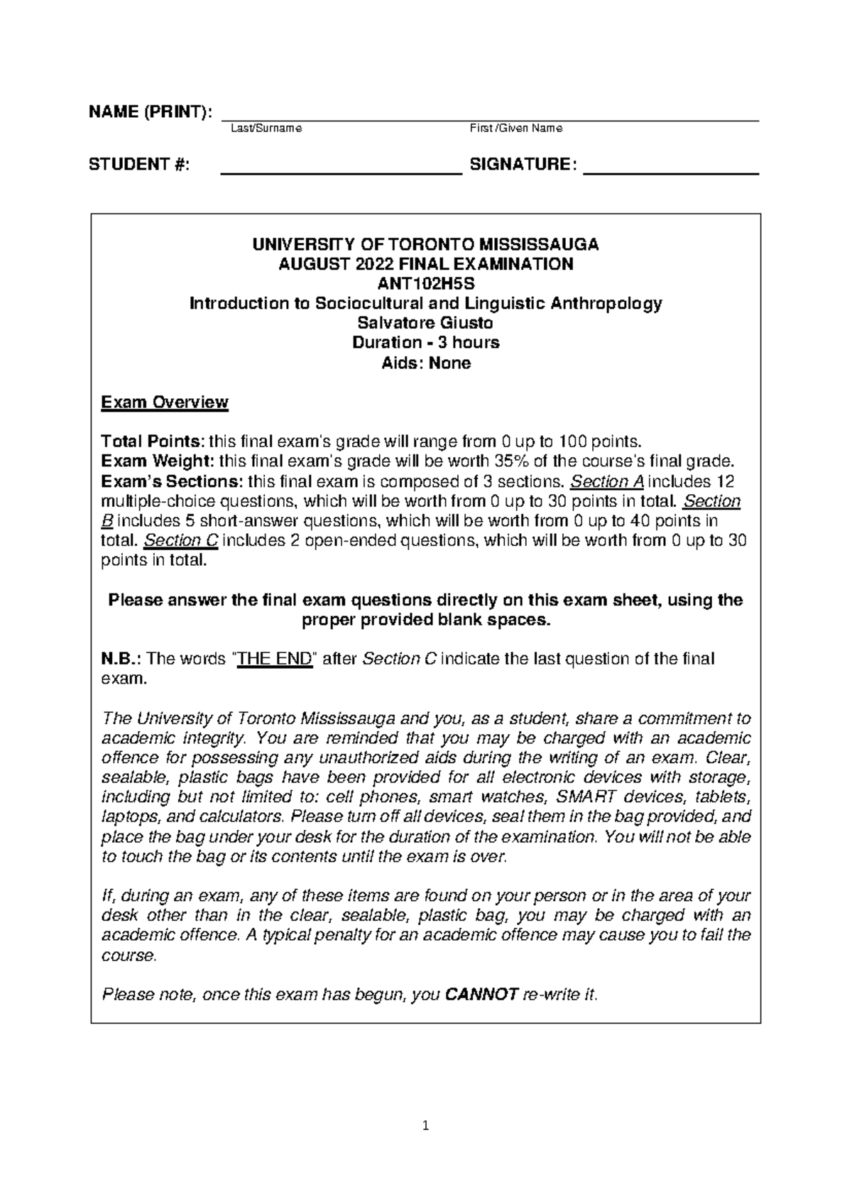 ANT102H5S - Final Exam Overview & Structure - Aug 2022 - Studocu