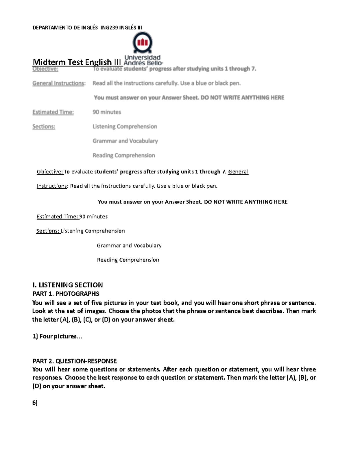 ING 239 Midterm Exam Sample: Structure and Sections Overview - Studocu