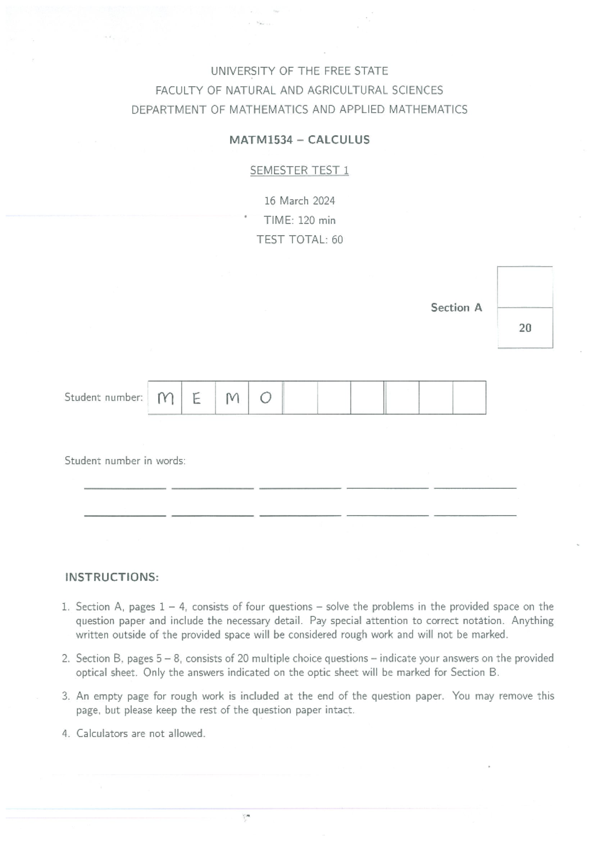 MATM1534 Calculus Semester Test 1 Memo 2024 Analysis and Solutions ...