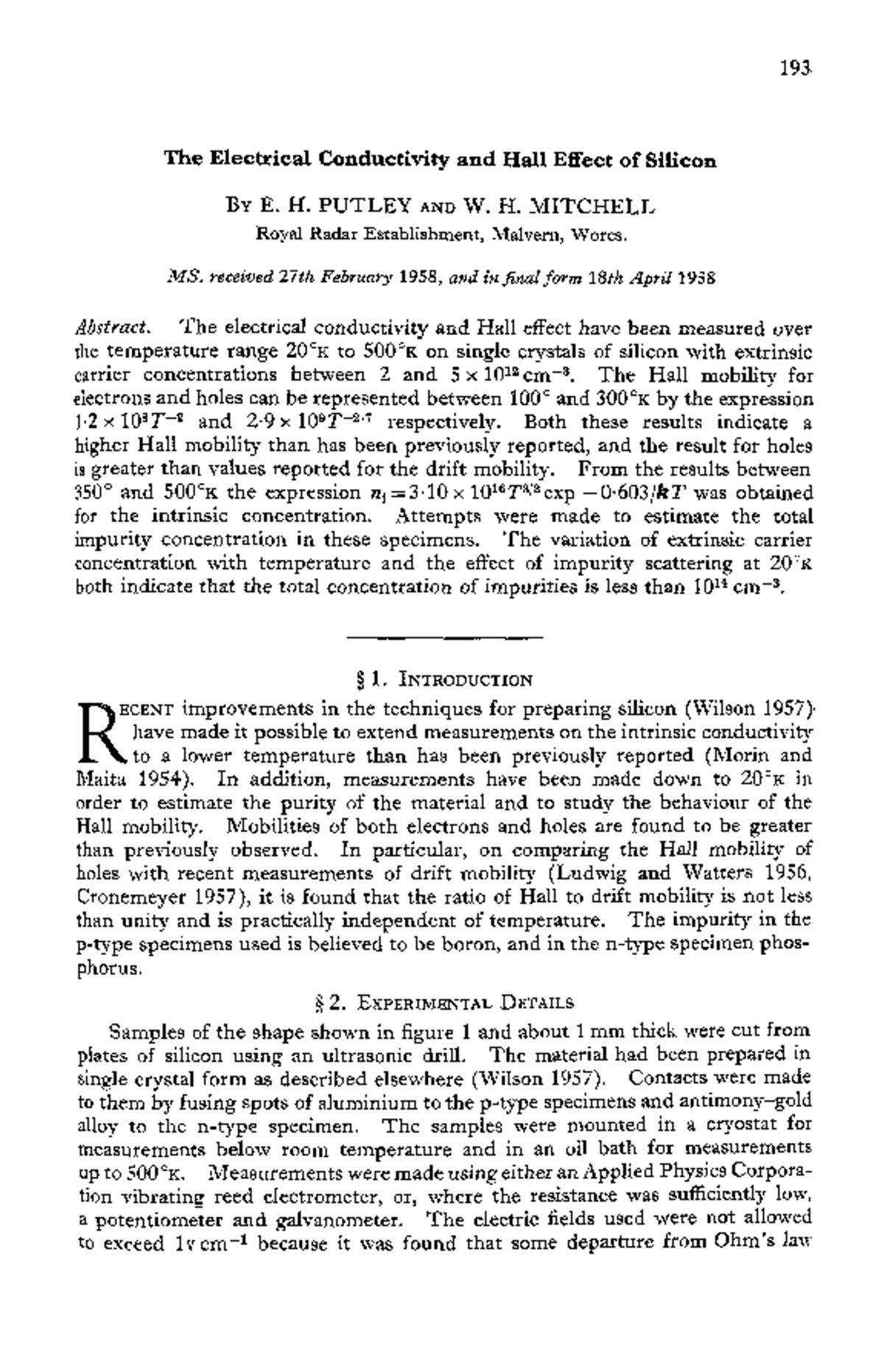 Electrical Conductivity and Hall Effect of Silicon (Course Code: 193 ...