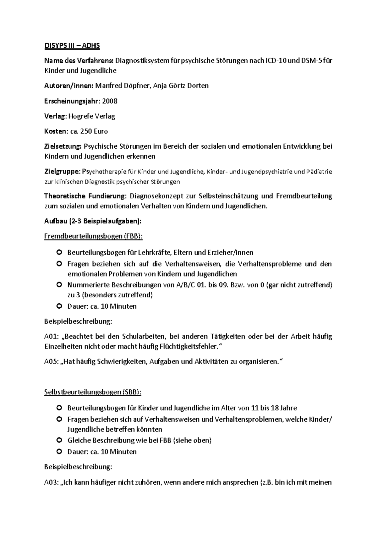 Disyps-iii Fbb-adhs Beurteilungsbogen Pdf