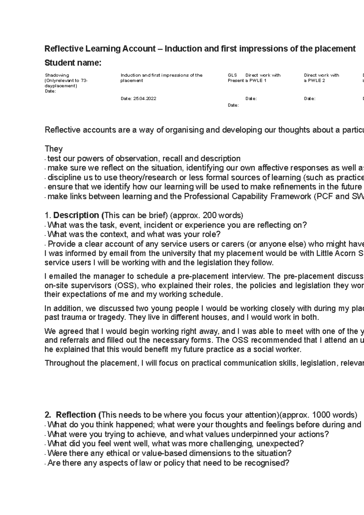 Reflective Learning Account: Induction Insights (SWK 101) - Studocu