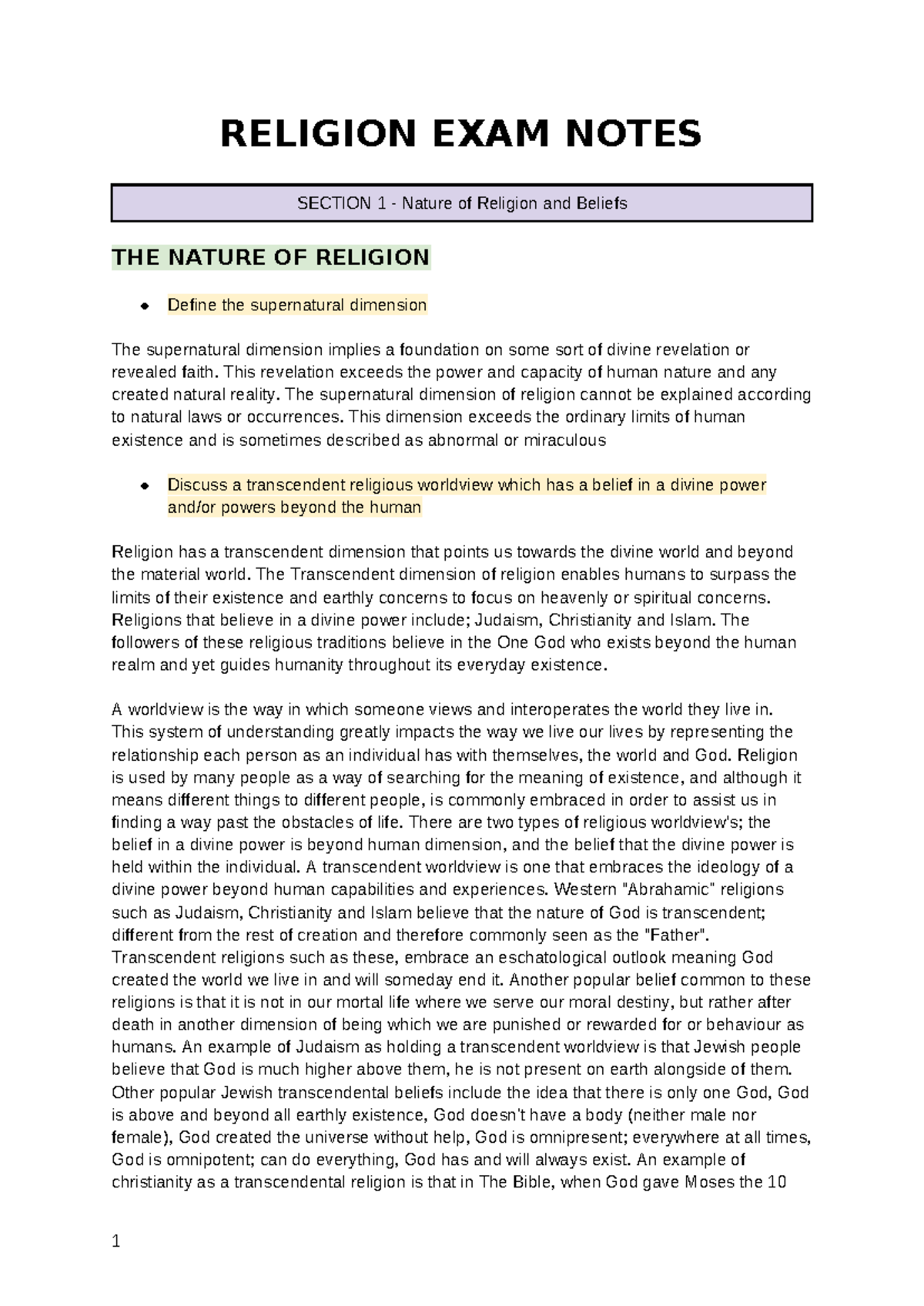 Exams Notes on Entire Course of SOR2 - RELIGION EXAM NOTES SECTION 1 ...